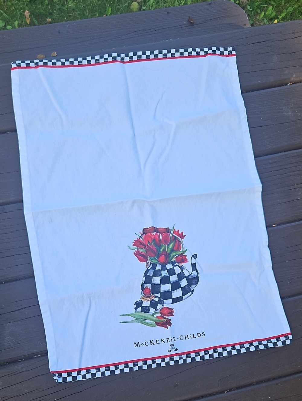 MacKenzie-Childs Black-and-White Check Teapot Towel with Red Tulips